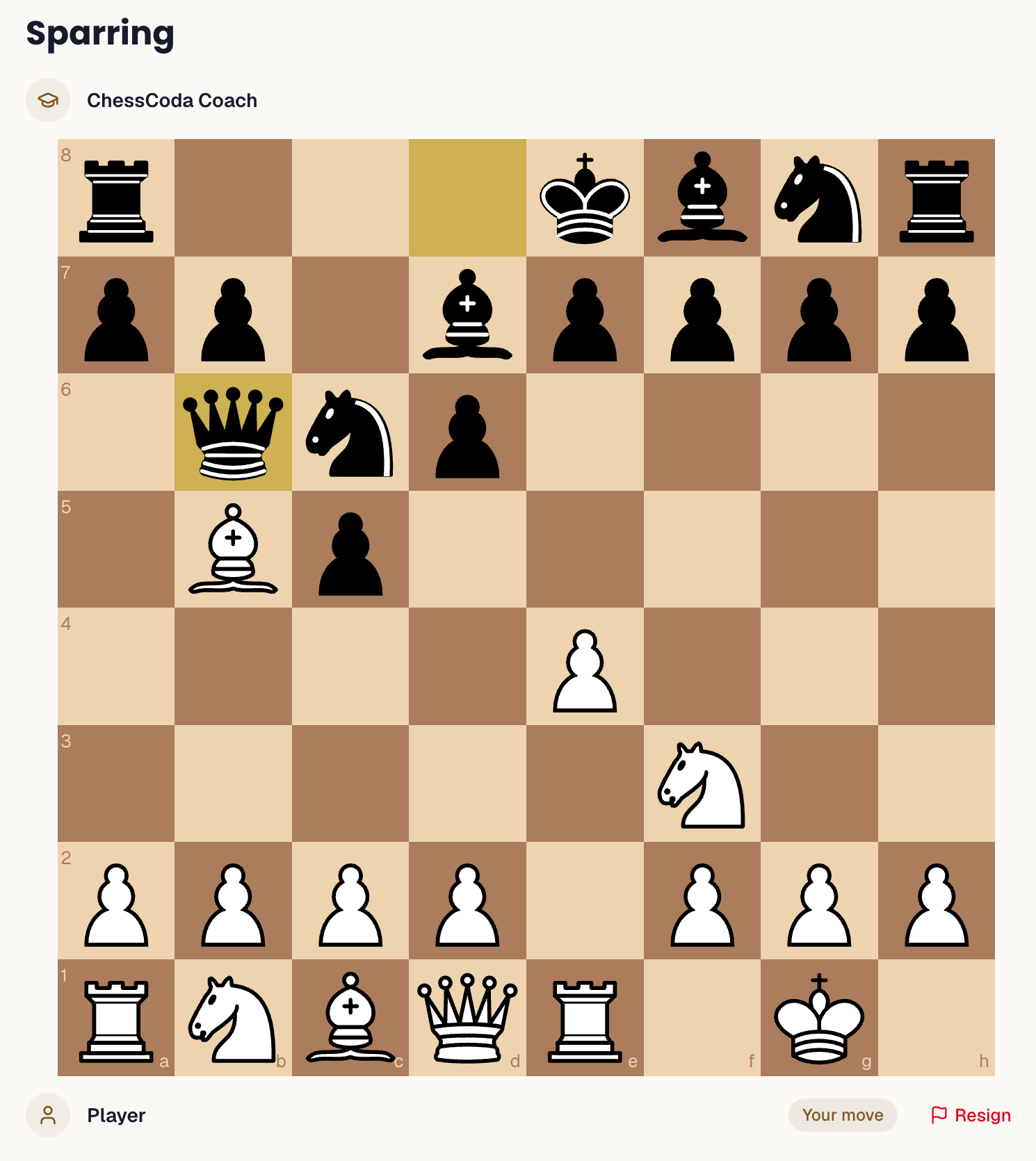 A live sparring game against the ChessCoda Coach
